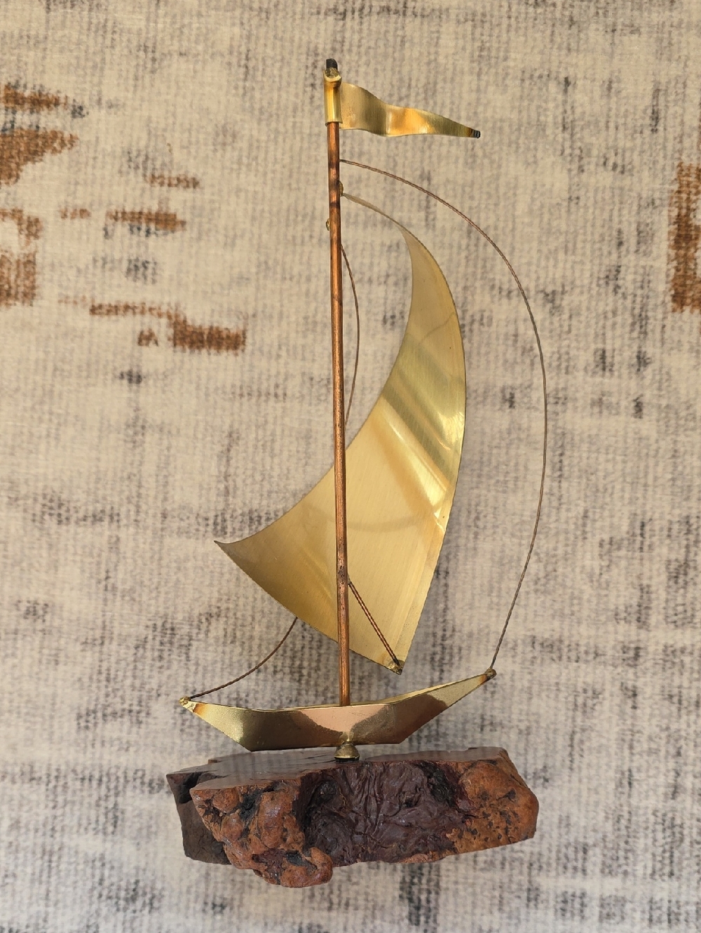 Vintage Brass Sailboat Sculpture on Burl Wood Nautical Boat Ship MCM 12" Tall